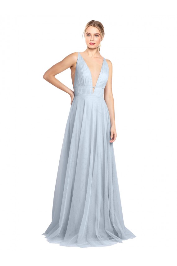 Online Azzurro cielo Linea A Sottili Scollatura a V Tulle Lunga Abiti da damigella donore