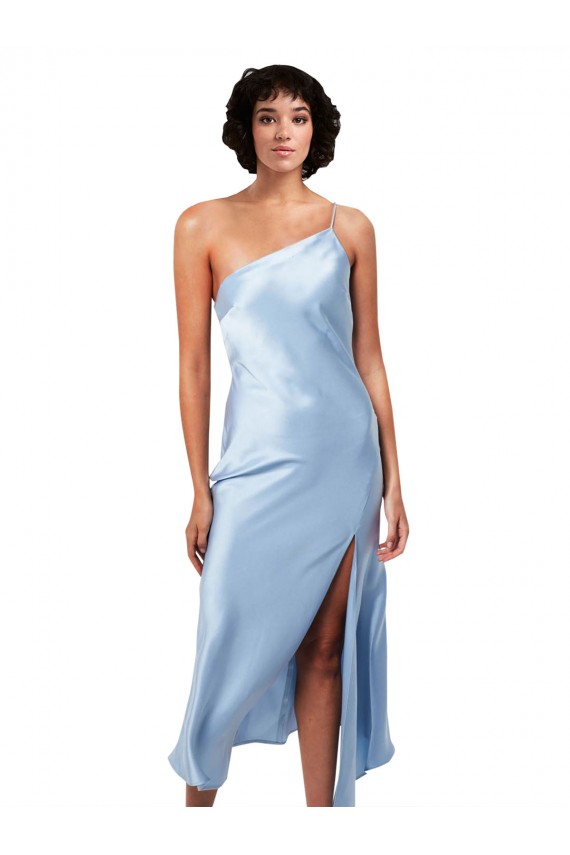 Online Azzurro cielo Linea A Una spalla Midi Raso Setoso Corto Abiti da damigella donore / Abiti da sera / Abiti da cocktail