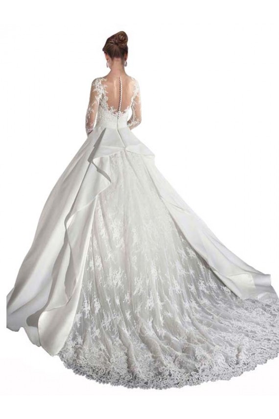 Online Bianco Linea A Illusione Cattedrale di treno Raso Pizzo Abiti da sposa