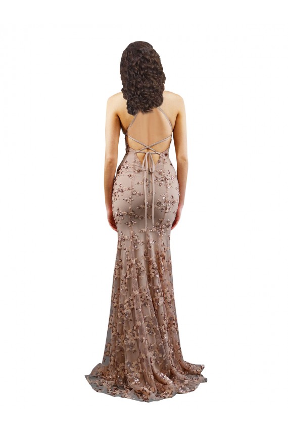 Online Oro rosa Stile sirena Alto Collo Crespo Elastico Paillettes Tulle Lunga Formali Abiti da damigella donore / Abiti da sera / Abiti da ballo