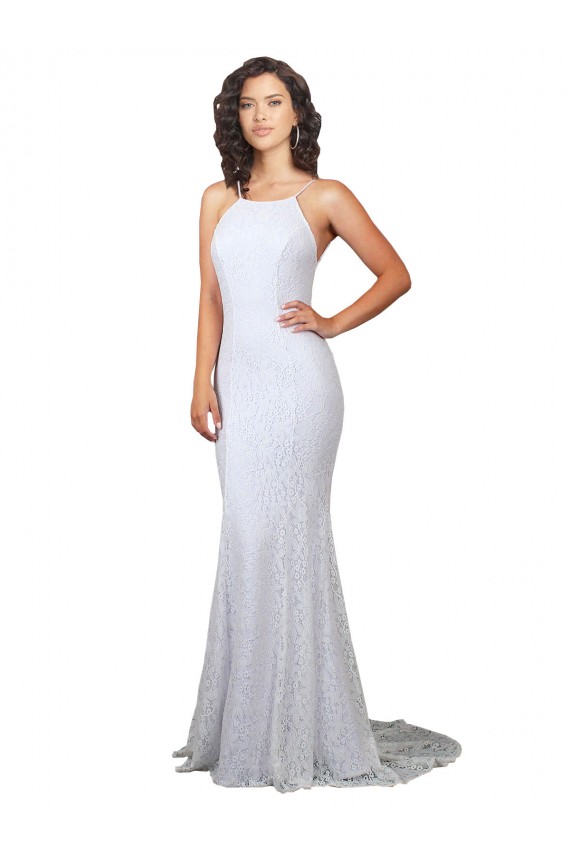 Online Bianco Stile sirena Alto Collo Sweep treno Pizzo Abiti da sposa