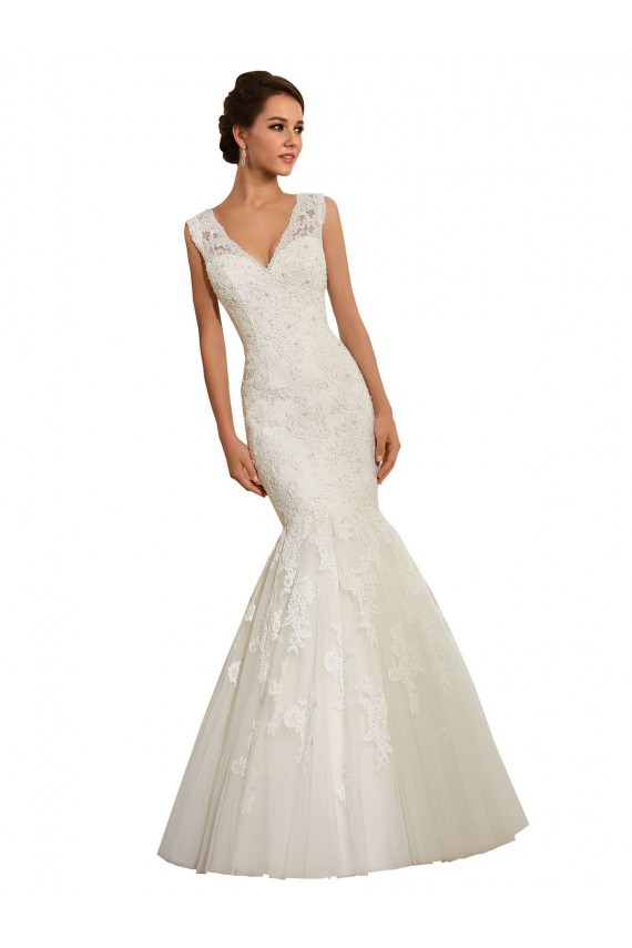 Online Bianco Stile sirena Scollatura a V Tulle Pizzo Abiti da sposa