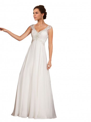 Online Bianco Tubino Scollatura a V Chiffona Pizzo Abiti da sposa