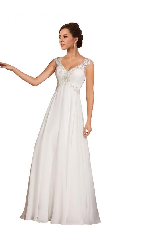 Online Bianco Tubino Scollatura a V Chiffona Pizzo Abiti da sposa