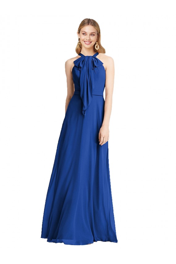 Online Blu Reale Linea A Capestro Chiffona Lunga Abiti da damigella donore