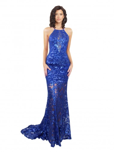 Online Blu Reale Stile sirena Alto Collo Pizzo Lunga Abiti da damigella donore / Abiti da ballo