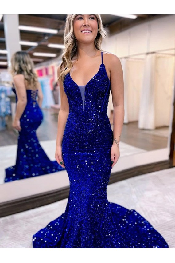 Online Blu Reale Stile sirena Scollatura a V Paillettes Velluto Lunga Abiti da ballo