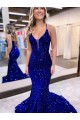 Online Blu Reale Stile sirena Scollatura a V Paillettes Velluto Lunga Abiti da ballo