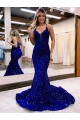 Online Blu Reale Stile sirena Scollatura a V Paillettes Velluto Lunga Abiti da ballo