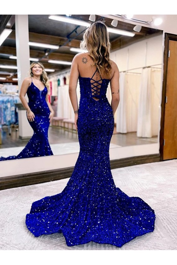 Online Blu Reale Stile sirena Scollatura a V Paillettes Velluto Lunga Abiti da ballo