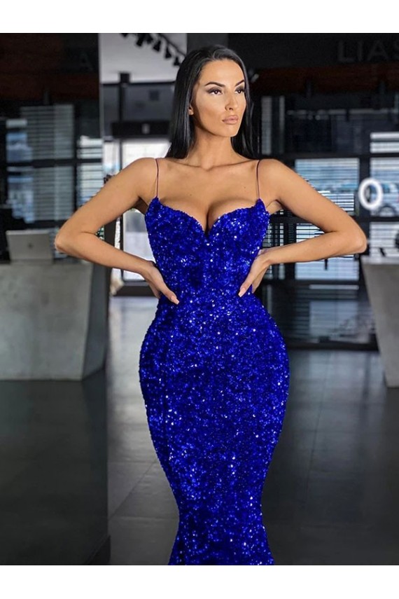 Online Blu Reale Stile sirena Sottili Sweep treno Paillettes Velluto Lunga Abiti da ballo