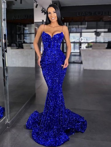 Online Blu Reale Stile sirena Sottili Sweep treno Paillettes Velluto Lunga Abiti da ballo