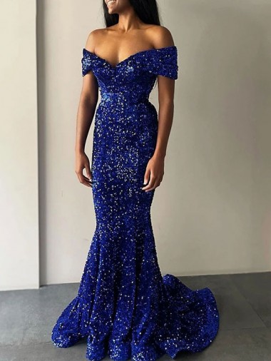 Online Blu Reale Stile sirena Sweep treno Paillettes Velluto Lunga Abiti da ballo