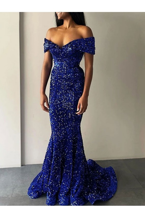 Online Blu Reale Stile sirena Sweep treno Paillettes Velluto Lunga Abiti da ballo
