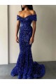 Online Blu Reale Stile sirena Sweep treno Paillettes Velluto Lunga Abiti da ballo