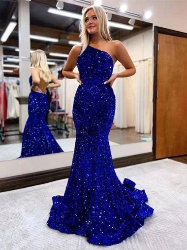 Online Blu Reale Stile sirena Una spalla Sweep treno Paillettes Velluto Lunga Abiti da ballo