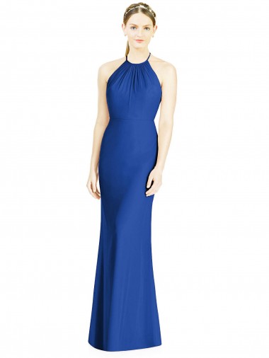 Online Blu Reale Tromba Capestro Alto Collo Chiffona Lunga Abiti da damigella donore