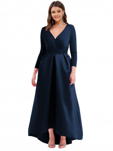 Online Blu marino scuro Abito da ballo Scollatura a V Spandex Lunga Asimmetrico Formali Abiti da damigella donore / Abiti da sera / Abiti da ballo