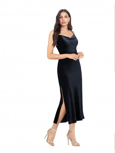 Online Blu marino scuro Colonna Cappuccio Midi Velluto Elastico Corto Abiti da damigella donore / Abiti da sera / Abiti da cocktail