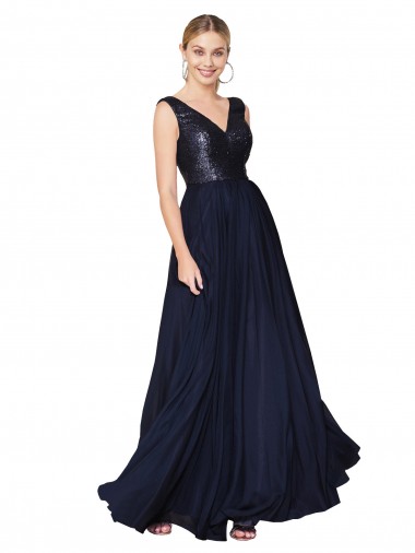 Online Blu marino scuro Linea A Alto Collo Chiffona Paillettes Lunga Abiti da damigella donore / Abiti da ballo