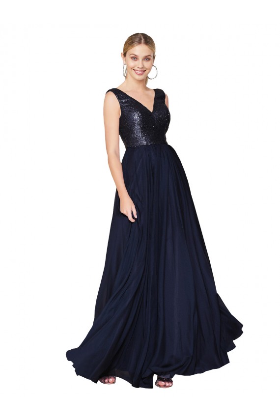 Online Blu marino scuro Linea A Alto Collo Chiffona Paillettes Lunga Abiti da damigella donore / Abiti da ballo