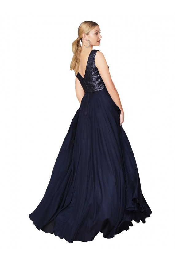 Online Blu marino scuro Linea A Alto Collo Chiffona Paillettes Lunga Abiti da damigella donore / Abiti da ballo