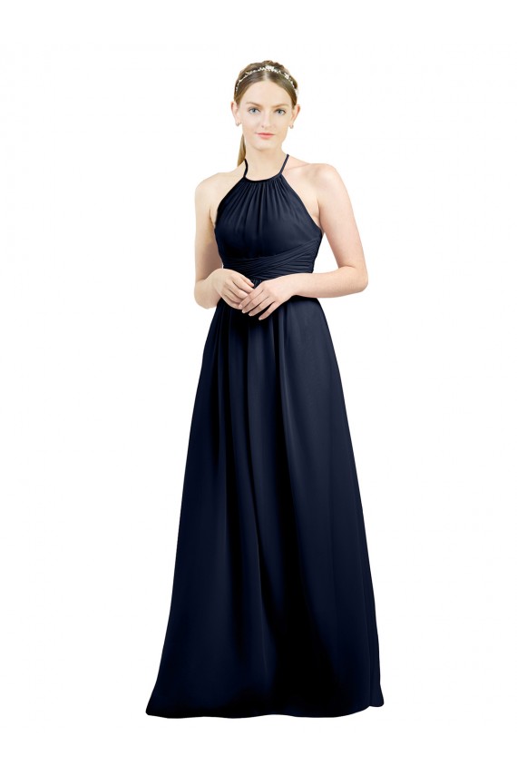 Online Blu marino scuro Linea A Capestro Alto Collo Chiffona Lunga Abiti da damigella donore
