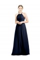 Online Blu marino scuro Linea A Capestro Alto Collo Chiffona Lunga Abiti da damigella donore