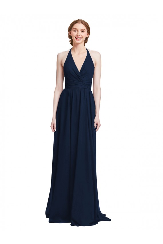 Online Blu marino scuro Linea A Capestro Scollatura a V Chiffona Lunga Abiti da damigella donore
