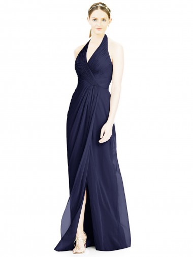Online Blu marino scuro Linea A Capestro Scollatura a V Chiffona Lunga Abiti da damigella donore