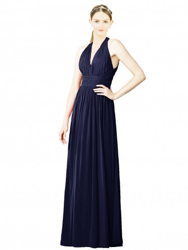 Online Blu marino scuro Linea A Capestro Scollatura a V Chiffona Lunga Abiti da damigella donore