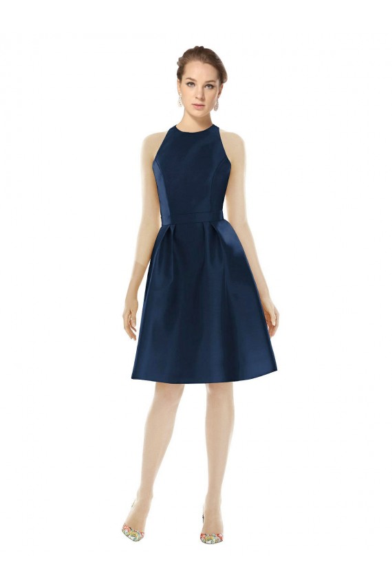 Online Blu marino scuro Linea A Capestro cocktail Raso Corto Abiti da damigella donore / Abiti da cocktail