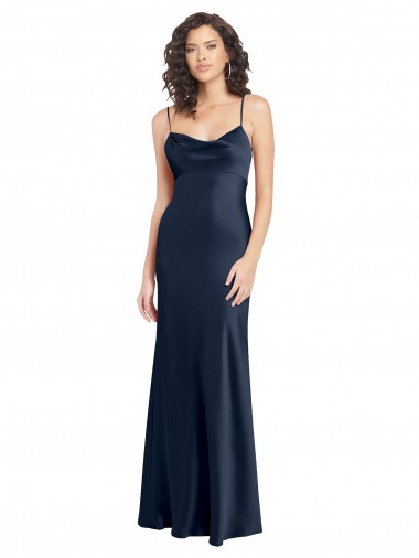 Online Blu marino scuro Linea A Cappuccio Raso Elastico Lunga Formali Abiti da damigella donore / Abiti da sera / Abiti da ballo