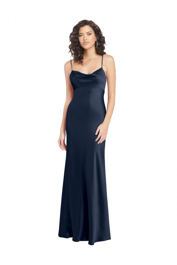 Online Blu marino scuro Linea A Cappuccio Raso Elastico Lunga Formali Abiti da damigella donore / Abiti da sera / Abiti da ballo