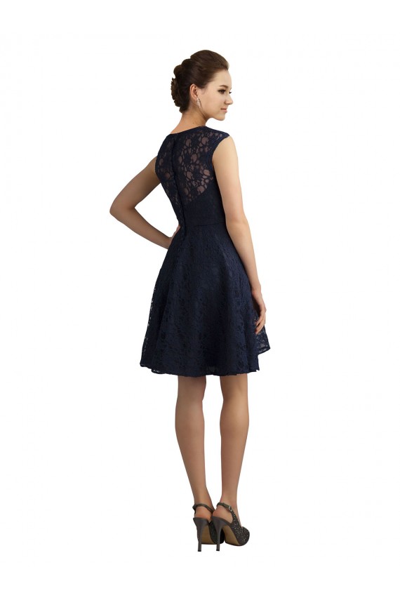Online Blu marino scuro Linea A Scollatura a V Al ginocchio Pizzo Corto Abiti da damigella donore / Abiti da cocktail