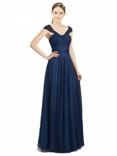 Online Blu marino scuro Linea A Scollatura a V Innamorato Tulle Lunga Abiti da damigella donore