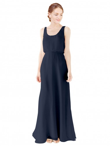 Online Blu marino scuro Linea A Scoop Chiffona Lunga Abiti da damigella donore