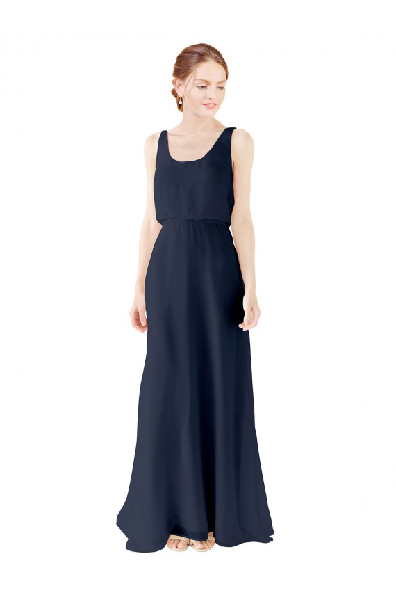 Online Blu marino scuro Linea A Scoop Chiffona Lunga Abiti da damigella donore