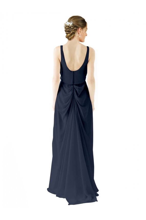 Online Blu marino scuro Linea A Scoop Chiffona Lunga Abiti da damigella donore