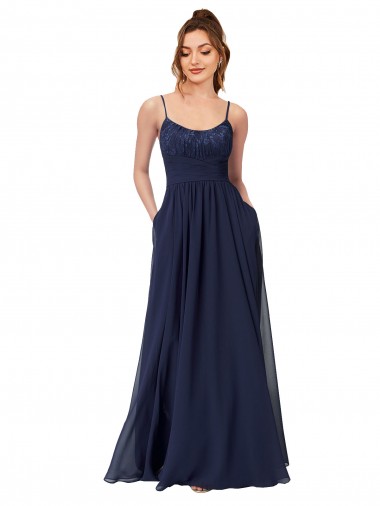 Online Blu marino scuro Linea A Scoop Chiffona Pizzo Lunga Abiti da damigella donore