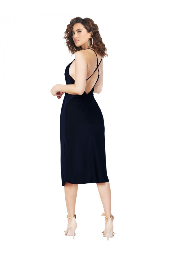 Online Blu marino scuro Linea A Sottili Cappuccio Midi Raso Setoso Corto Abiti da damigella donore / Abiti da sera / Abiti da cocktail
