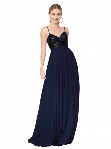 Online Blu marino scuro Linea A Sottili Chiffona Paillettes Lunga Abiti da damigella donore / Abiti da ballo