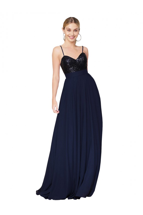 Online Blu marino scuro Linea A Sottili Chiffona Paillettes Lunga Abiti da damigella donore / Abiti da ballo
