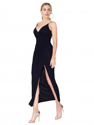 Online Blu marino scuro Stile sirena Alto Collo Al ginocchio Chiffona Corto Abiti da damigella donore / Abiti da sera / Abiti da cocktail