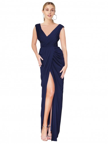 Online Blu marino scuro Stile sirena Alto Collo Chiffona Lunga Formali Abiti da damigella donore / Abiti da sera / Abiti da ballo