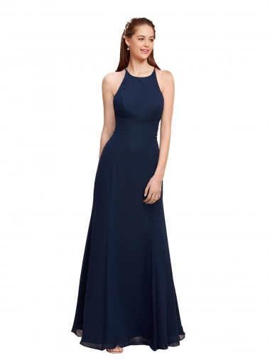 Online Blu marino scuro Stile sirena Capestro Alto Collo Chiffona Lunga Abiti da damigella donore / Abiti da ballo