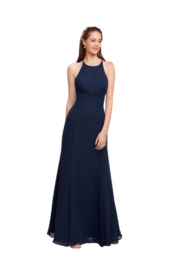 Online Blu marino scuro Stile sirena Capestro Alto Collo Chiffona Lunga Abiti da damigella donore / Abiti da ballo