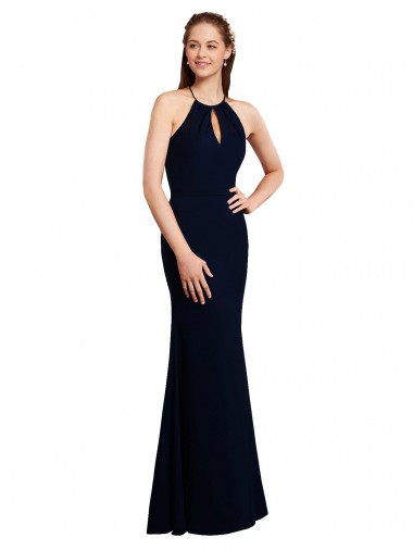 Online Blu marino scuro Stile sirena Capestro Chiffona Lunga Abiti da damigella donore