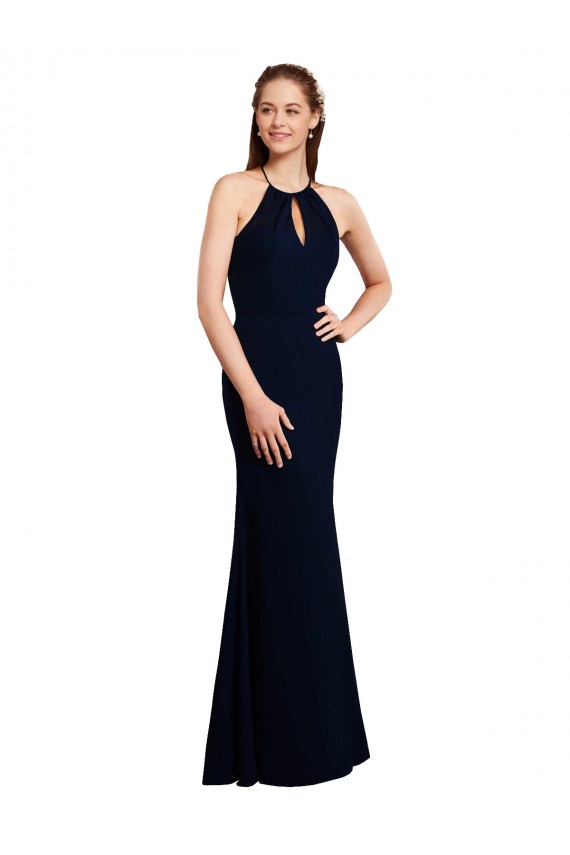 Online Blu marino scuro Stile sirena Capestro Chiffona Lunga Abiti da damigella donore
