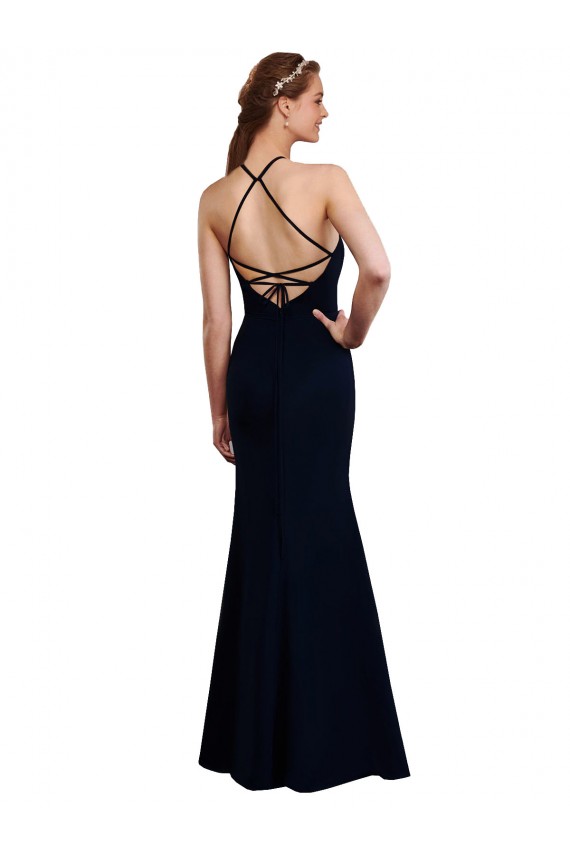 Online Blu marino scuro Stile sirena Capestro Chiffona Lunga Abiti da damigella donore